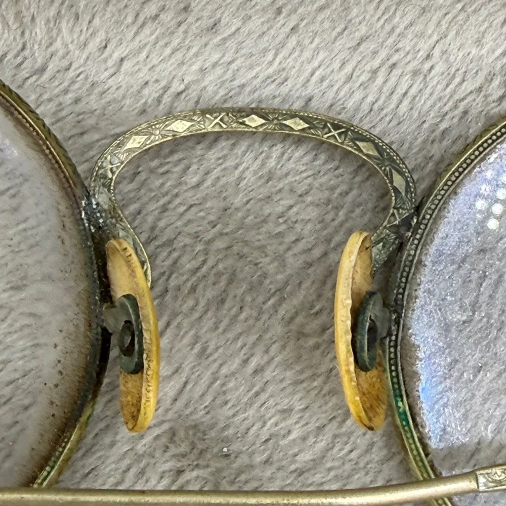 Vintage Wire Frame Glasses Gold Tone Art Deco Round Etched Bridge